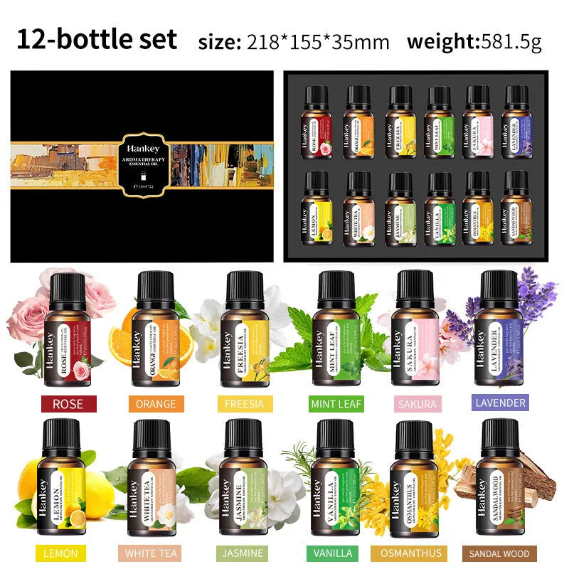Boxed sets of water-soluble aromatherapy essential oils in 3, 5, 6, 10 or 12 bottle combinations