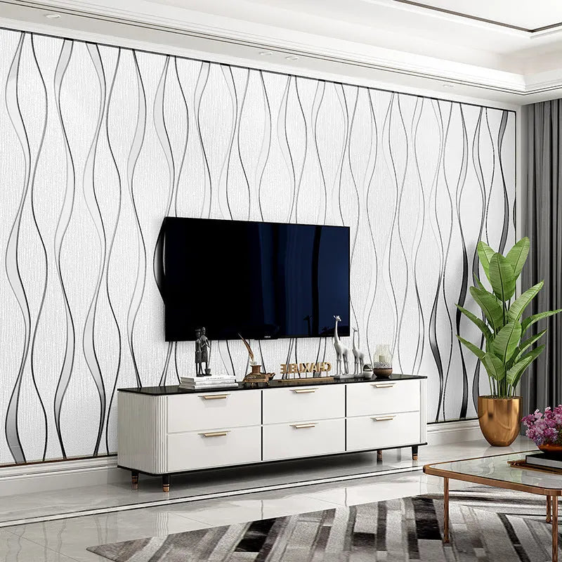 Curve Stripe 3D textured wallpaper roll in dark brown showing raised velvet finish pattern