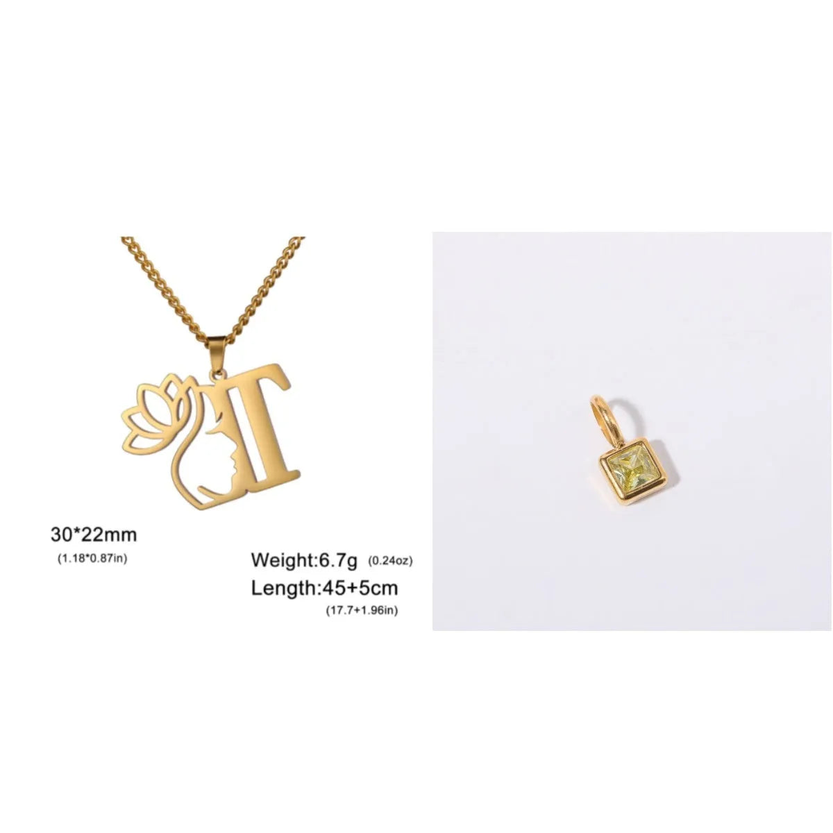 Stainless steel necklace with cross chain design and single letter pendant in gold or silver electroplated finish