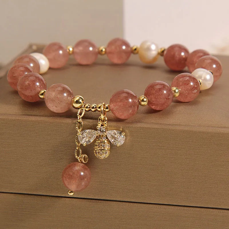 Women's pink strawberry quartz and white freshwater pearl bracelet with zircon accents on alloy chain