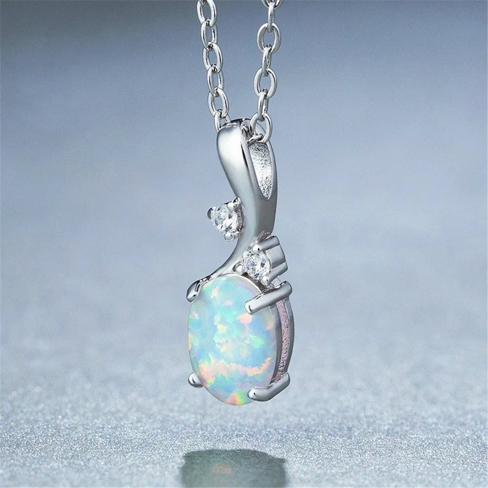 Water drop opal pendant necklace on adjustable O-chain in rose gold or white finish