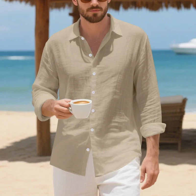 Men's linen casual shirt in American style loose fit with non-ironing fabric