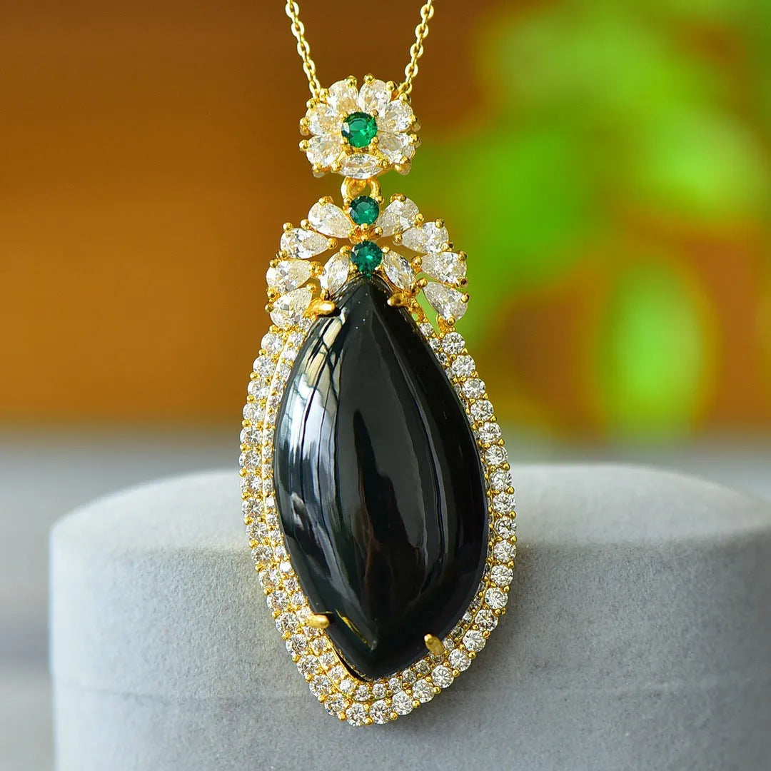 Natural Hetian jade pendant with copper inlay detail on necklace chain