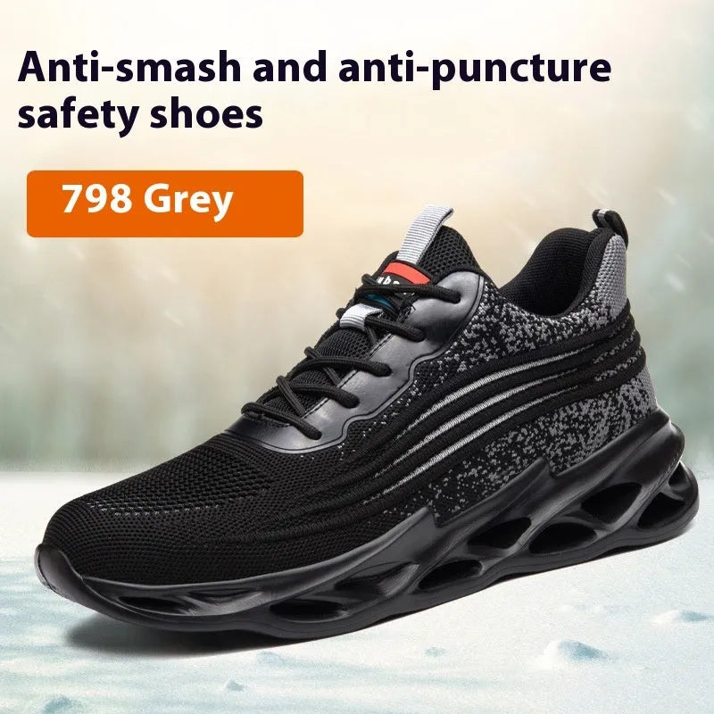 Brown leather labour protection shoes with anti-smashing and puncture-resistant features on rubber soles