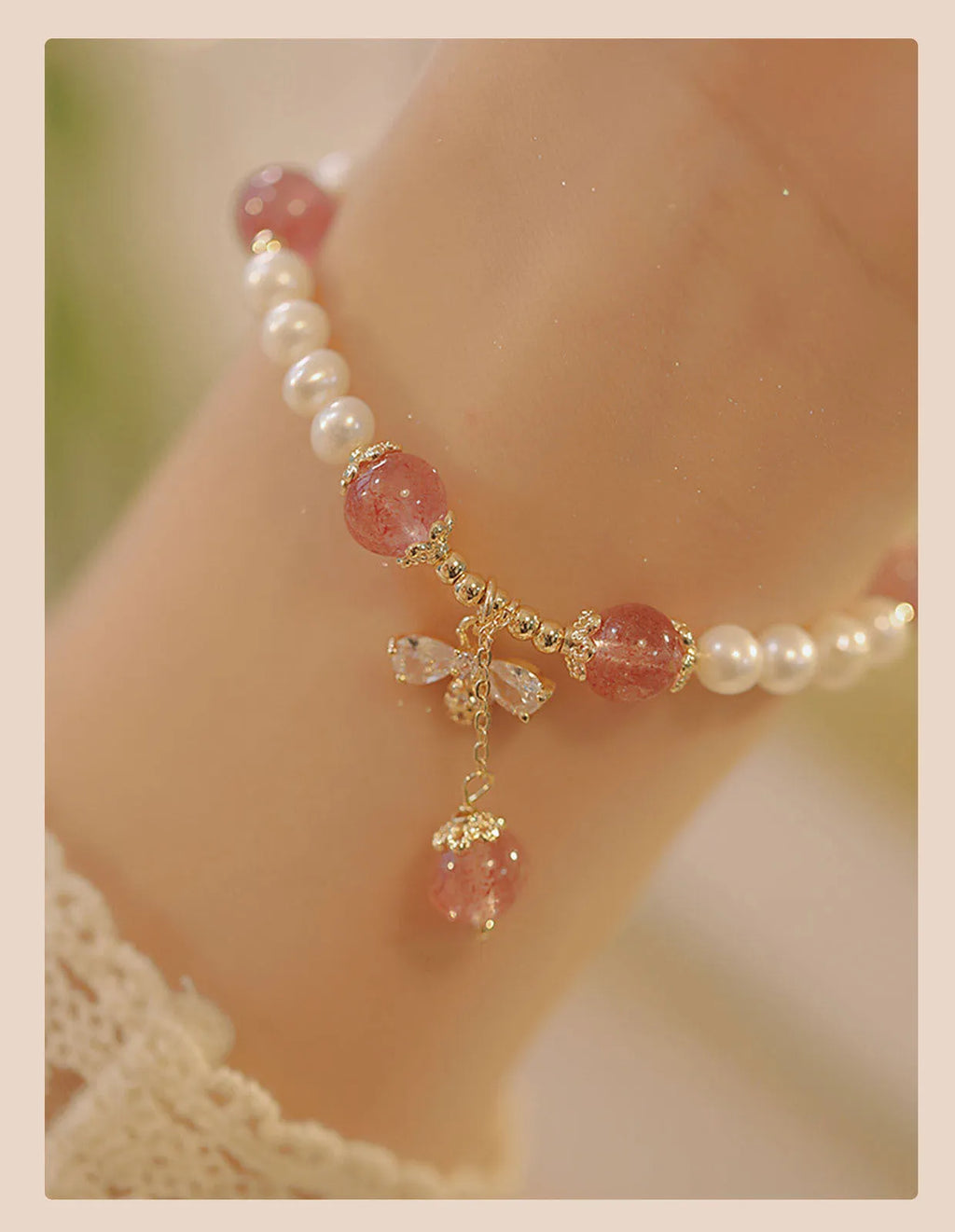 Crystal bracelet with strawberry quartz stringed pearls and bow detail for female summer wear