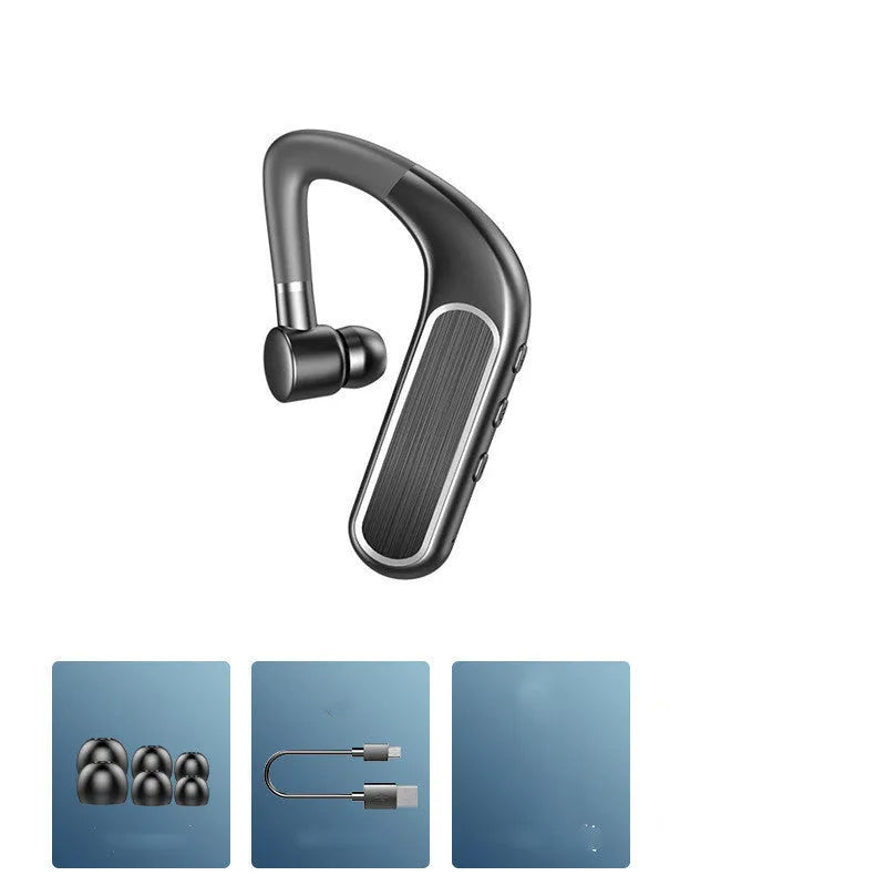 Black Bluetooth wireless earphones with hanging ear design and three sets of silicone ear caps