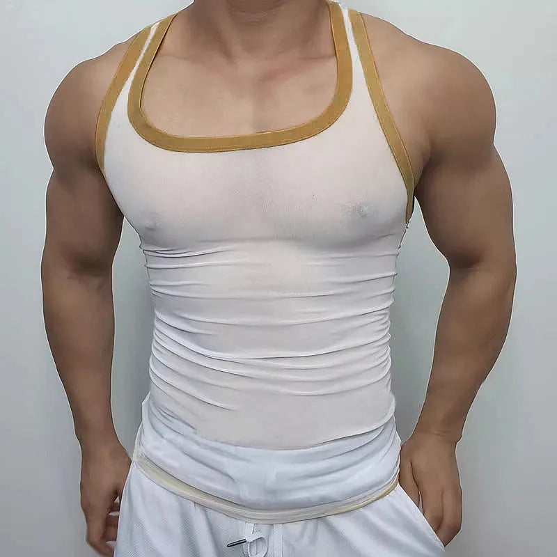 Men's white mesh fitness vest with straight hem design for sports and casual wear