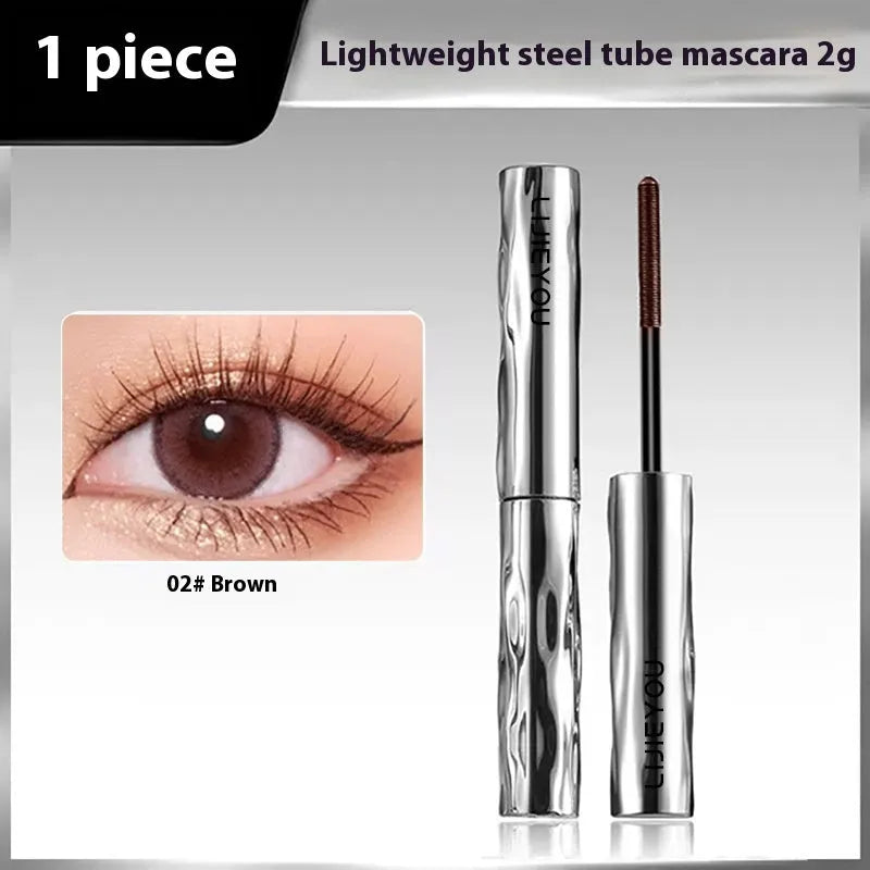 Waterproof steel tube mascara with black or brown shades and optional eyelash curler