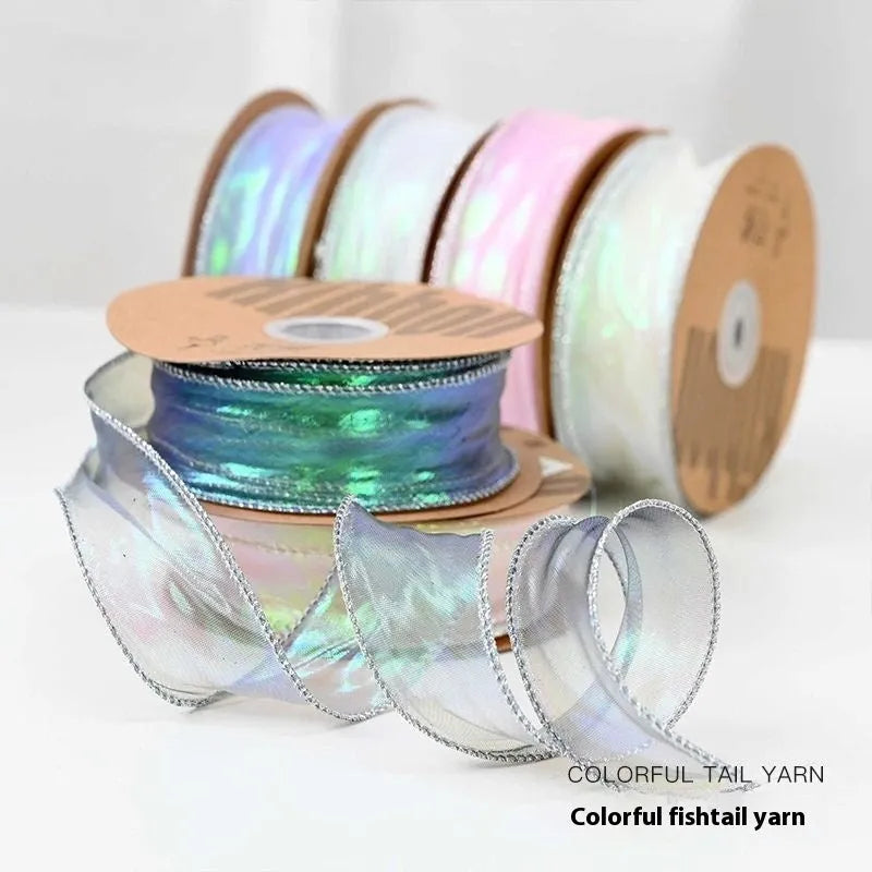 Fishtail yarn ribbon with colourful wave pattern in 4cm width for floral arrangements