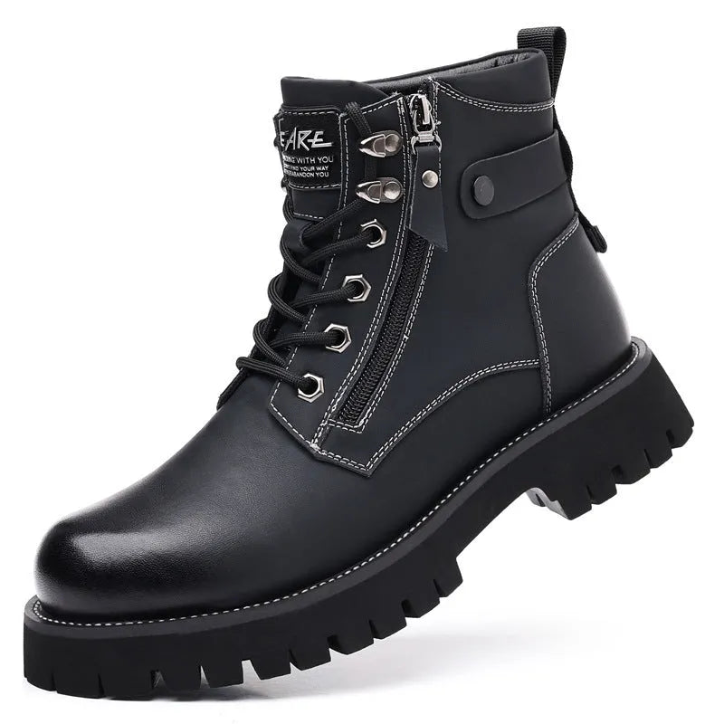 Men's brown leather Martin boots with side zipper and mid heel