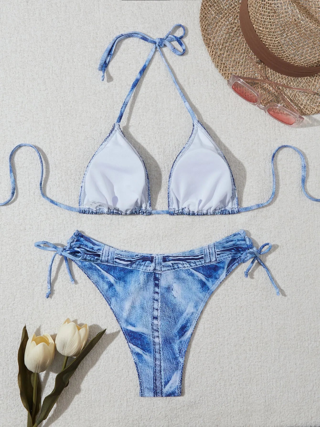 Women's denim blue printed bikini set with strap design showing front and back views