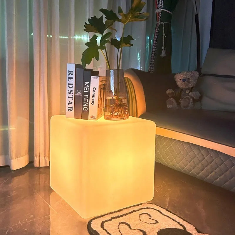 Square LED stool cube light waterproof PE material in garden setting