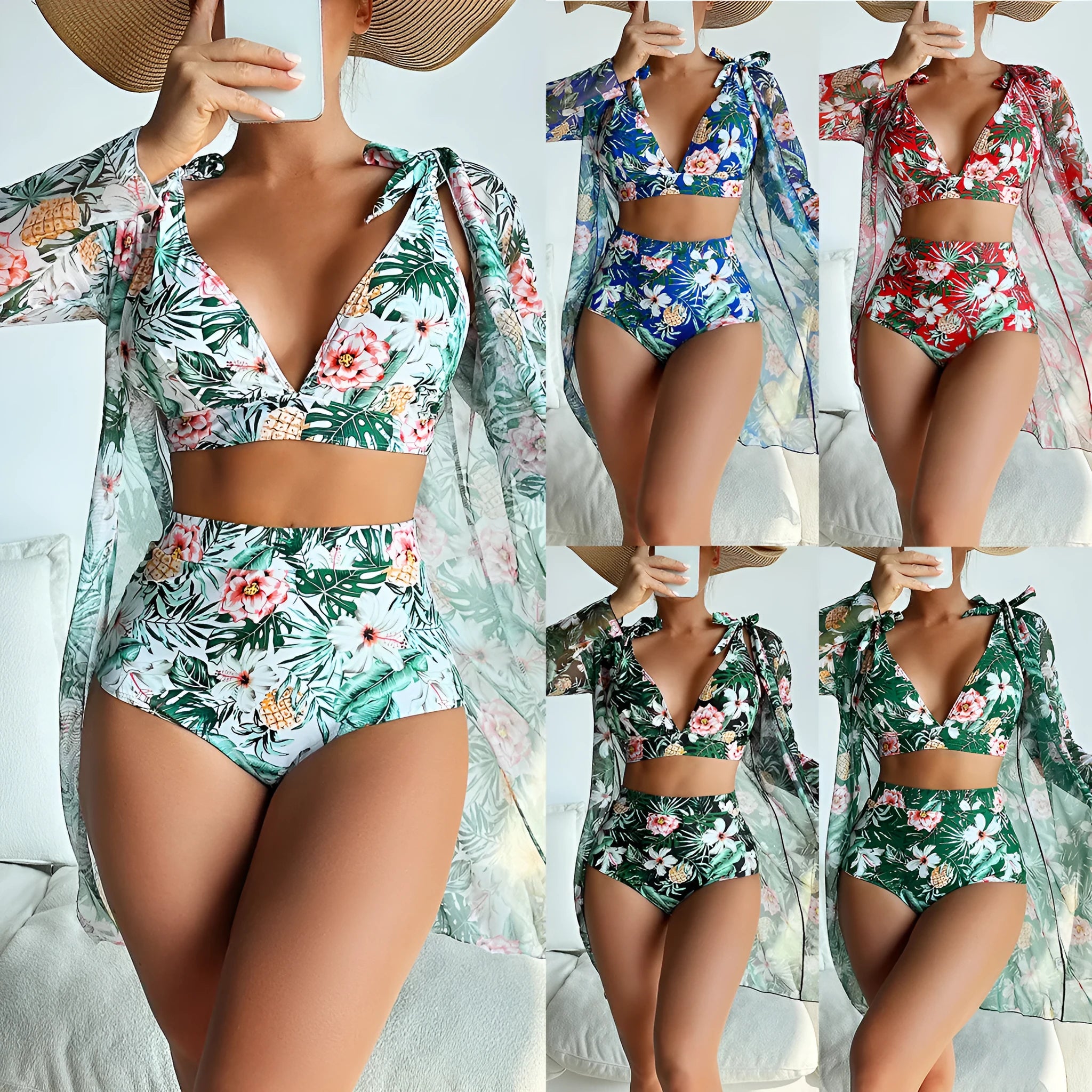 Women's multicolour printed bikini three-piece set showing bra, shorts, and sunscreen shirt