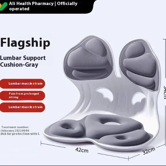 Grey waist support cushion with free size design and sponge filler for lumbar comfort