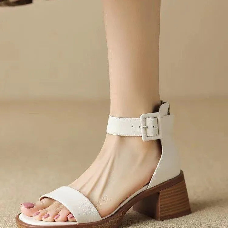 Women's white retro platform high heels with ankle strap and rounded toe design