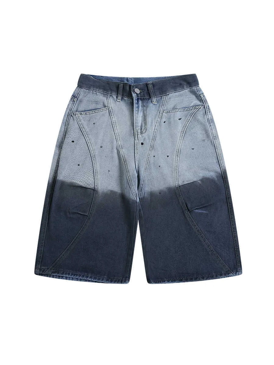 Blue tie-dye gradient washed-out women's cropped jeans with a loose, casual fit