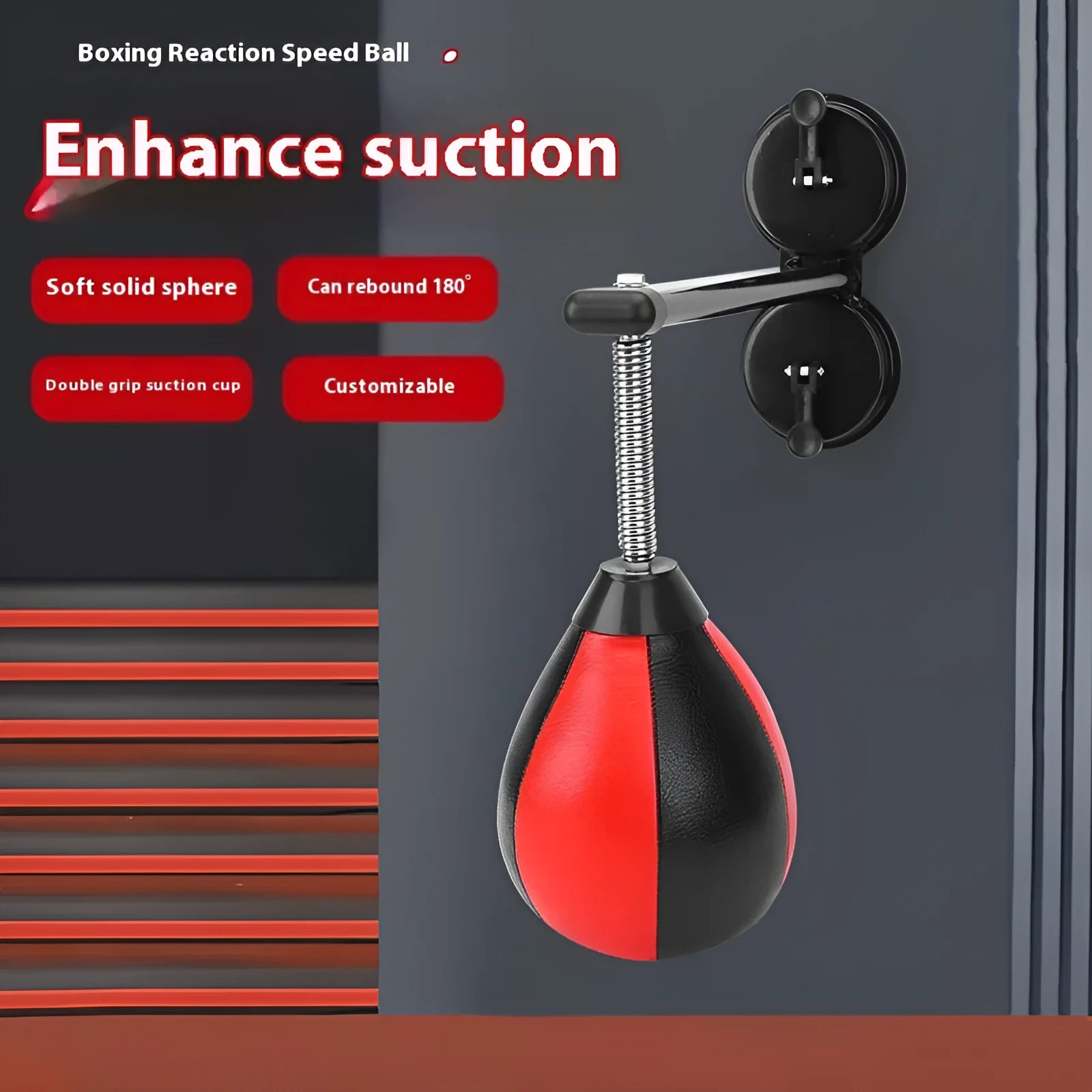 Pear-shaped hanging boxing training ball with red and black PU construction and complete mounting hardware