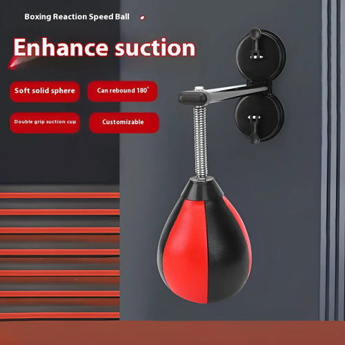 Pear-shaped hanging boxing training ball with red and black PU construction and complete mounting hardware