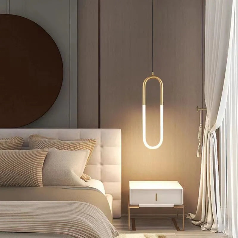 Nordic minimalist U-shaped pendant light with brushed nickel finish and tri-colour dimming for bedroom ceilings