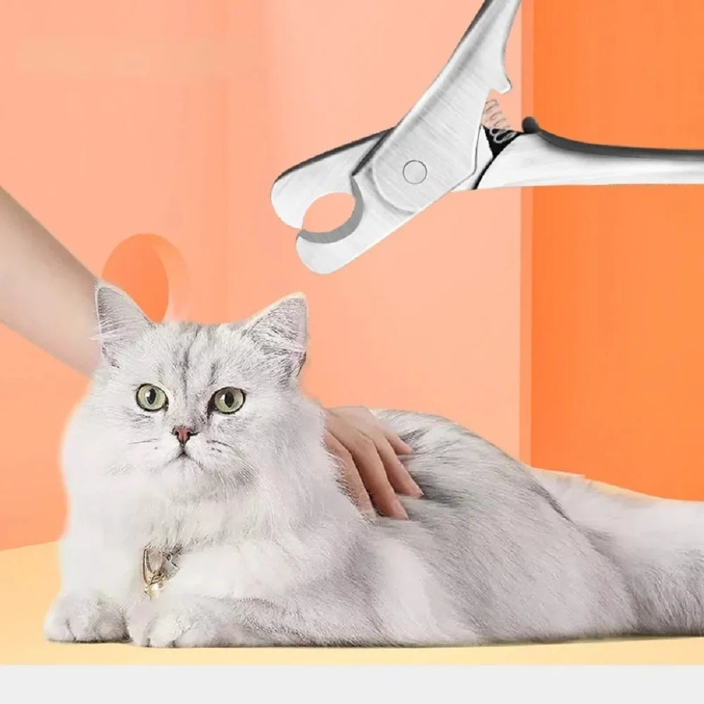 Silver stainless steel professional pet nail clipper with spring-loaded handles.