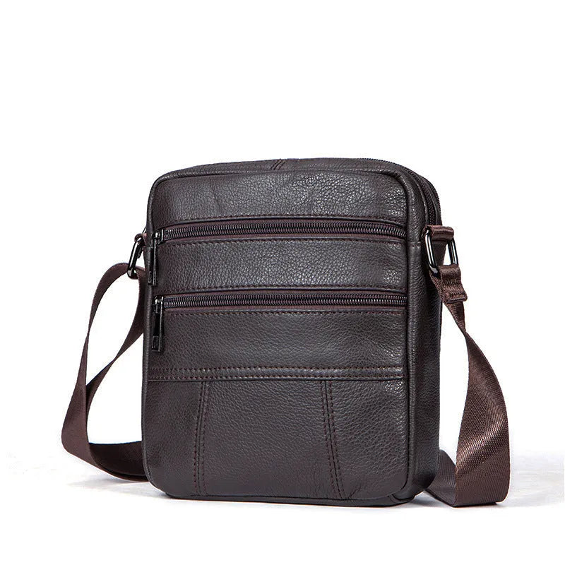 Genuine leather vintage men's shoulder bag in a vertical square shape, showing internal organiser pockets.