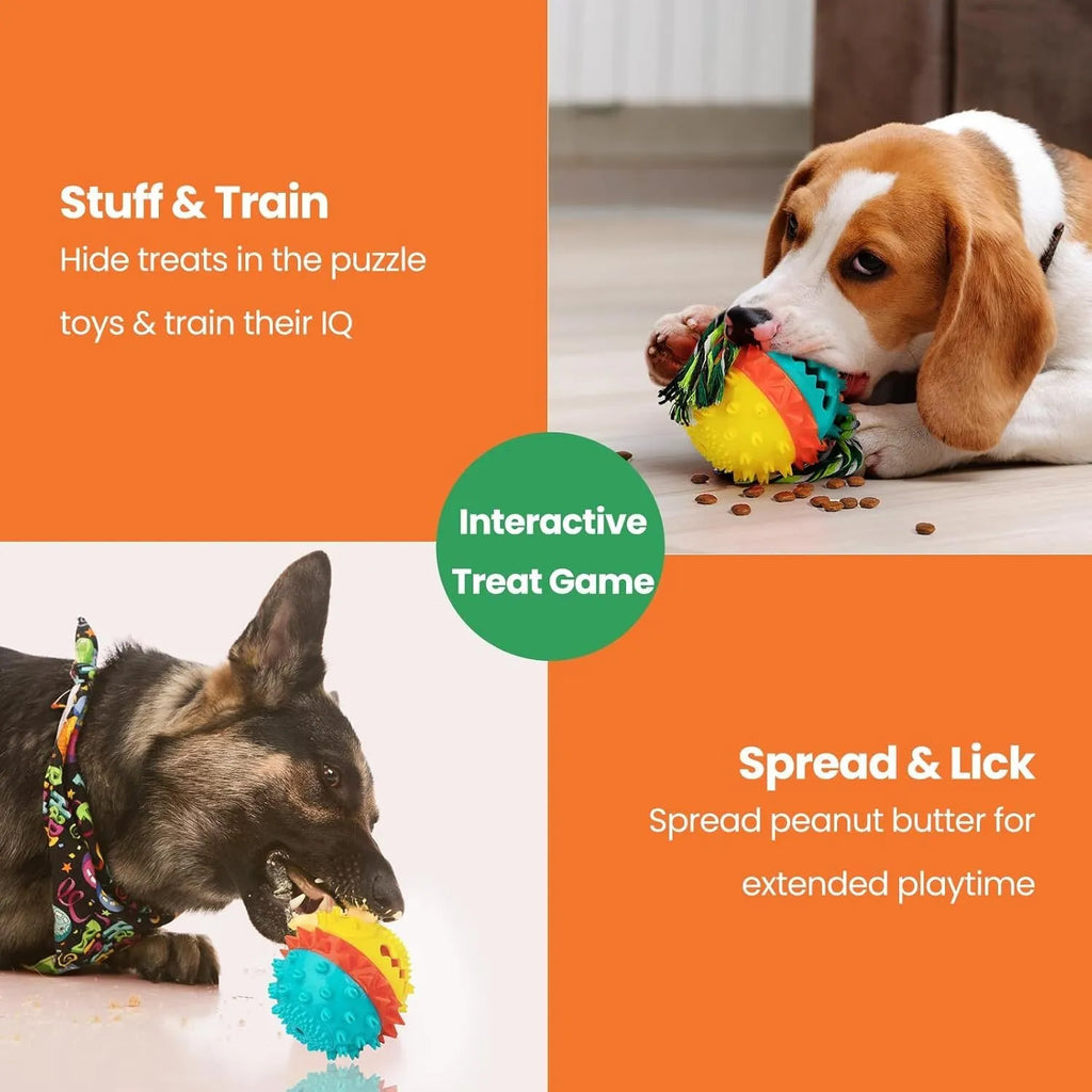 Blue and red ball-shaped dog chew toy with texture and a treat dispenser hole.
