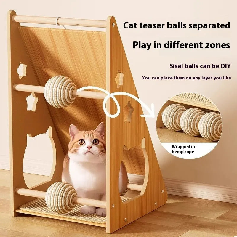 Vertical wall-mounted cat scratch board with sisal surface and hemp rope ball attachment