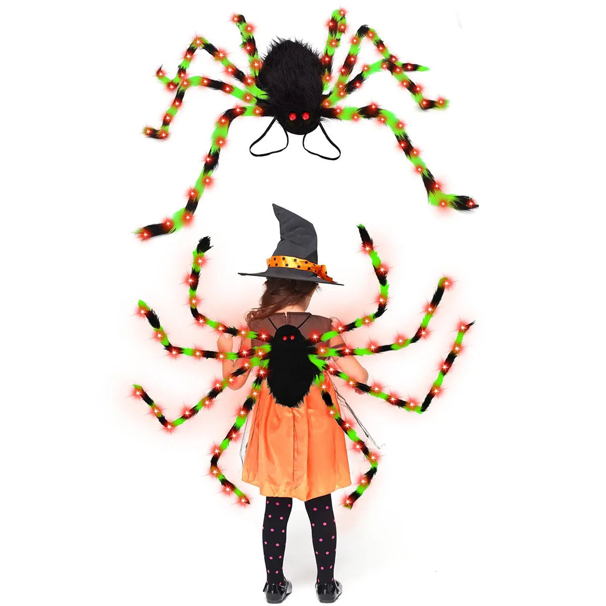Halloween spider backpack with purple LED lights in orange colour with plush sugar bag compartment
