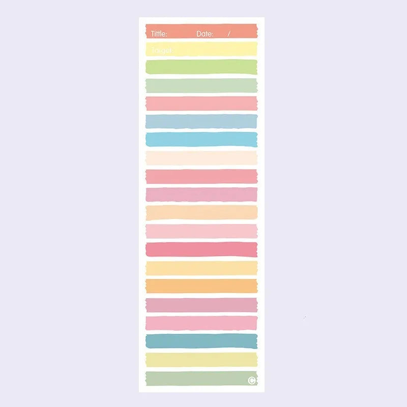 Colourful cartoon sticky note pad in plastic storage box, size 90 by 248 millimetres.
