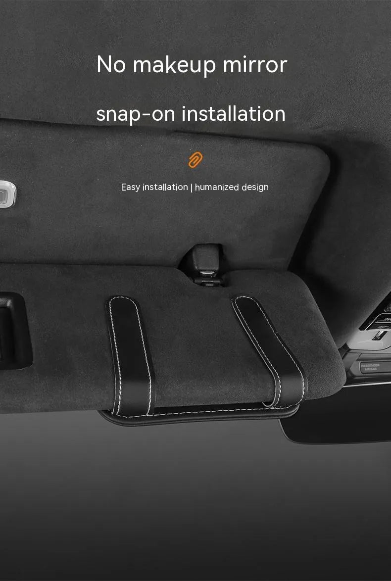 Car leather sunglasses holder with card storage in snap-on dashboard installation