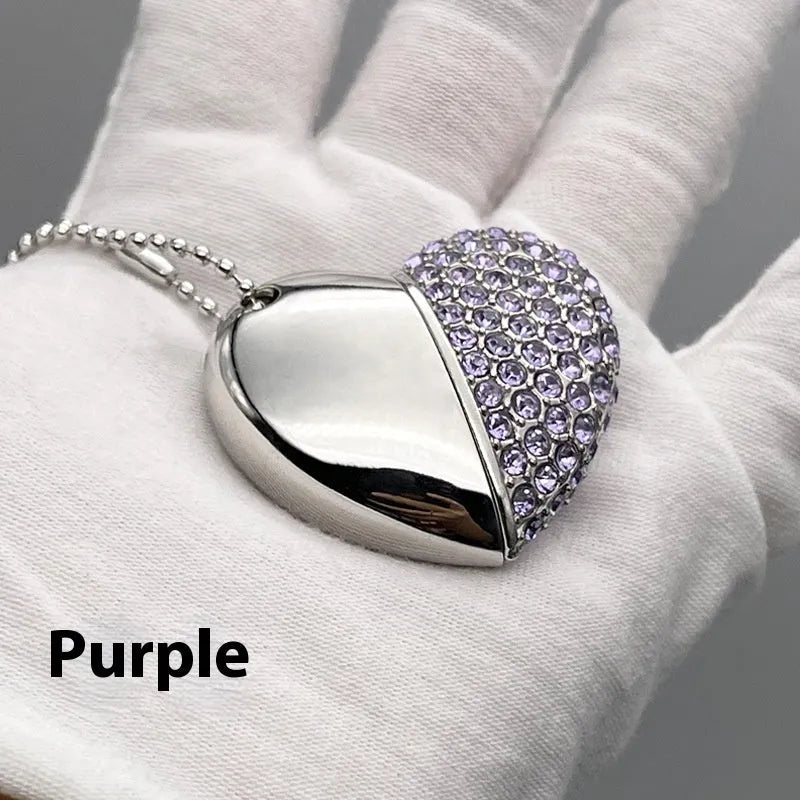 Heart-shaped brick pattern USB flash drive in blue, showing metal shell and USB connector.