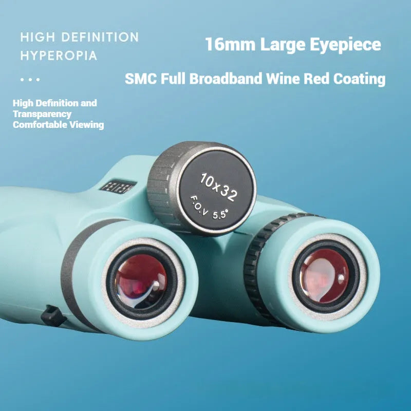 Wine red and grey 10x32 compact plastic binoculars showing eyepieces and objective lenses