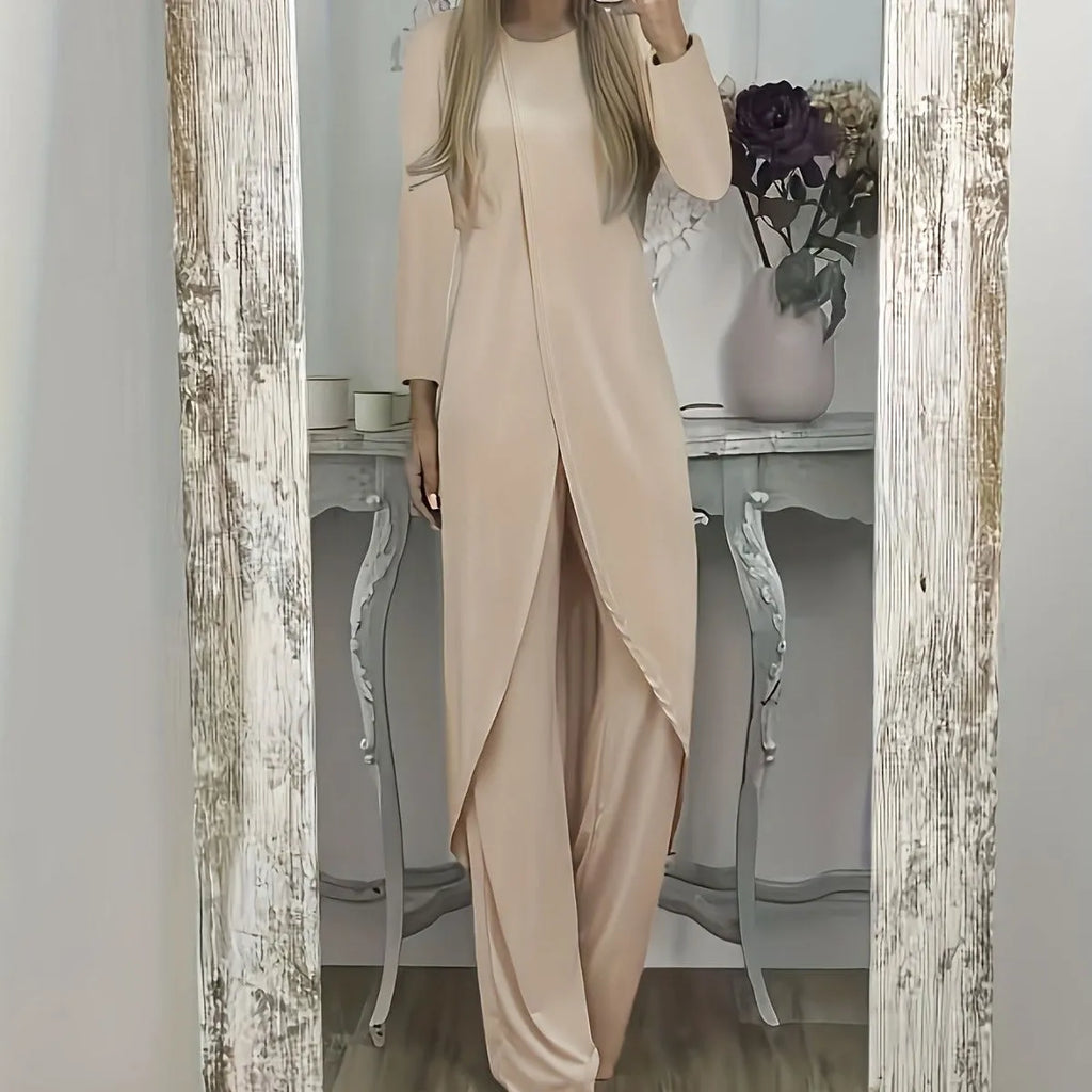 Loose fit casual two-piece lounge set in black, blue or khaki with long sleeves and matching trousers