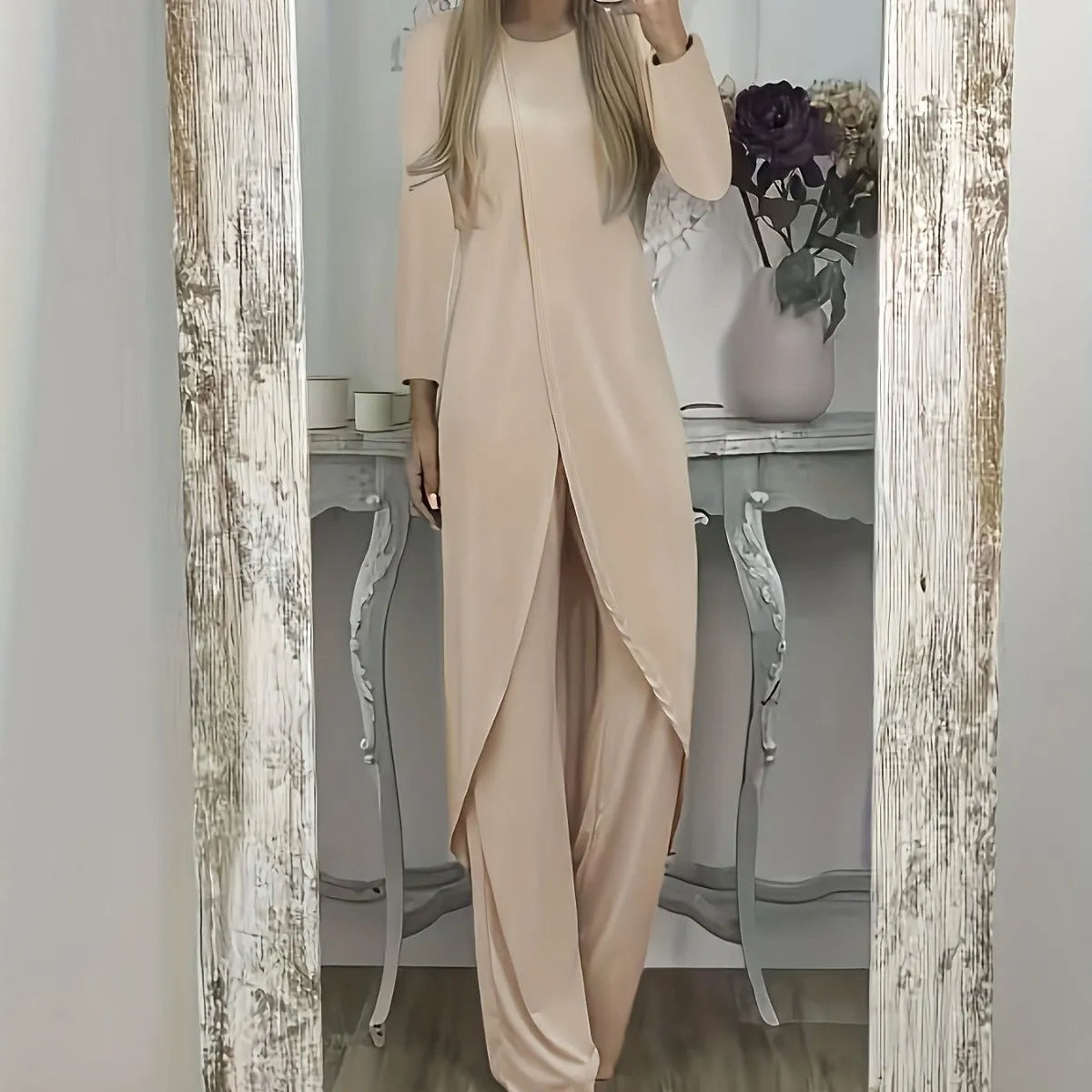 Loose fit casual two-piece lounge set in black, blue or khaki with long sleeves and matching trousers