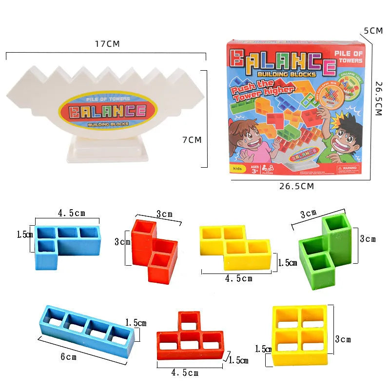 Plastic balance stacking game with 16 colourful building blocks, chassis, and base on a 26.5cm board.