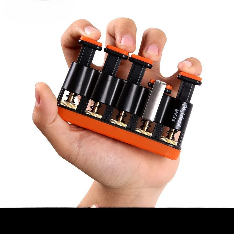 Grey and orange non-slip silicone finger trainer for guzheng, piano, and guitar practice.