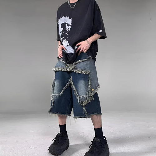 Blue denim shorts with five-pointed star detailing and frayed edges in loose fit style