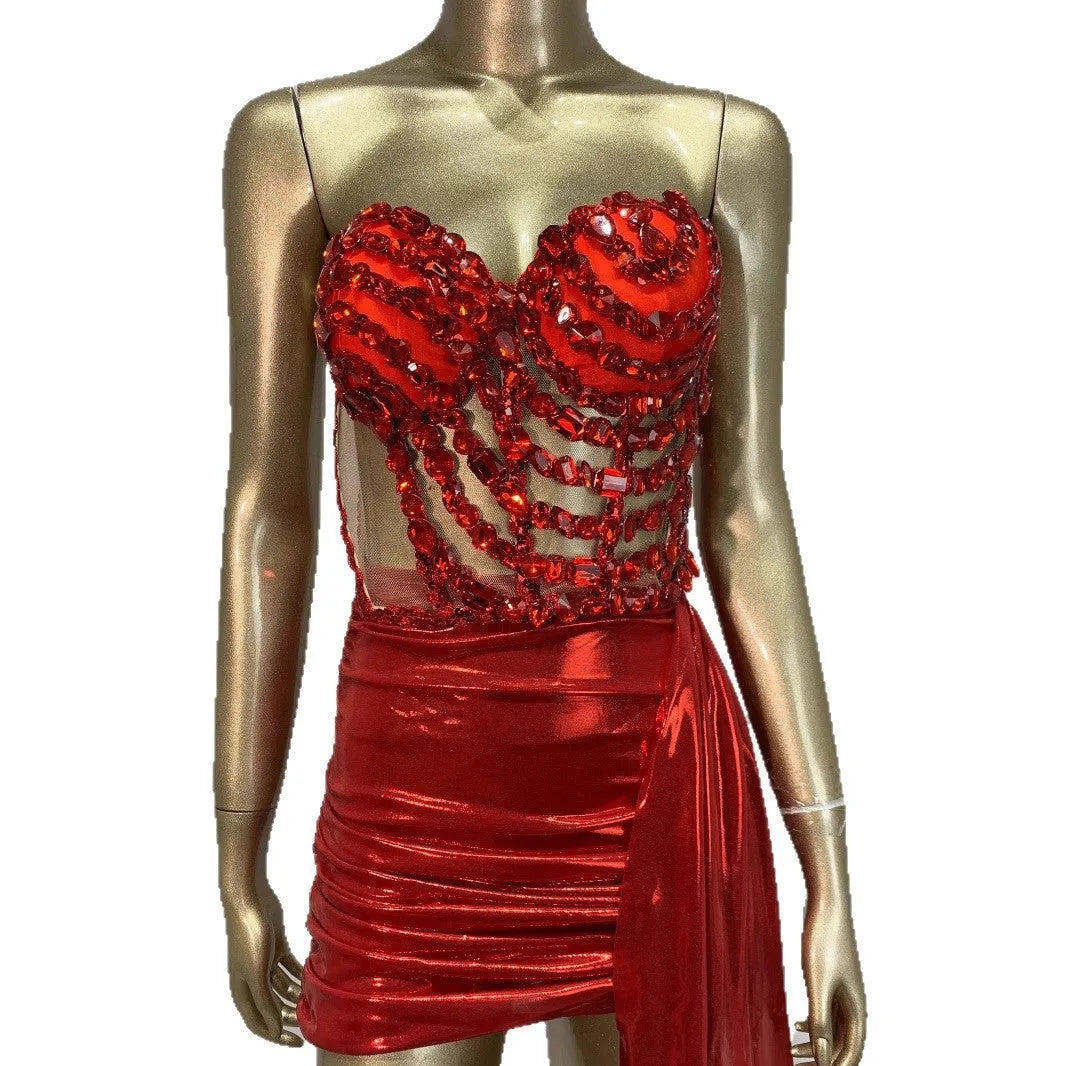Red spandex skirt suit with hollow mesh see-through design for stage and banquet events
