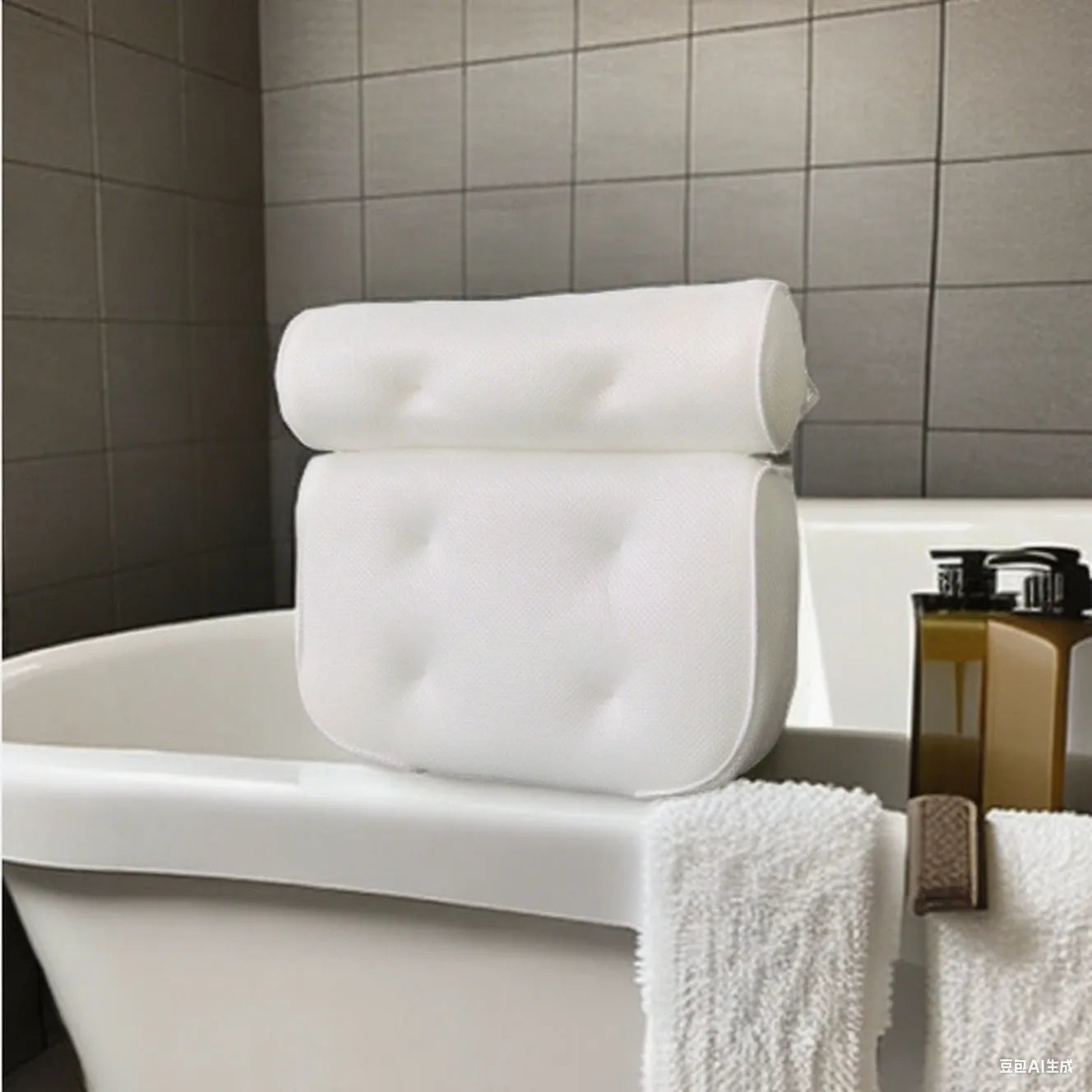 White 3D mesh bathtub pillow with seven suction cups on a bathtub.