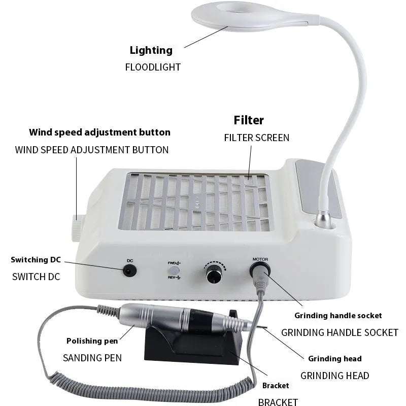 White nail polishing machine with vacuum cleaner and four-in-one grinder head