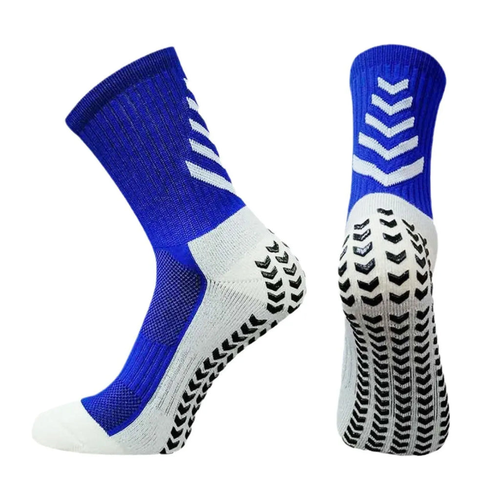 Men's mid-calf athletic socks with geometric patterns and non-slip silicone grip for football and running