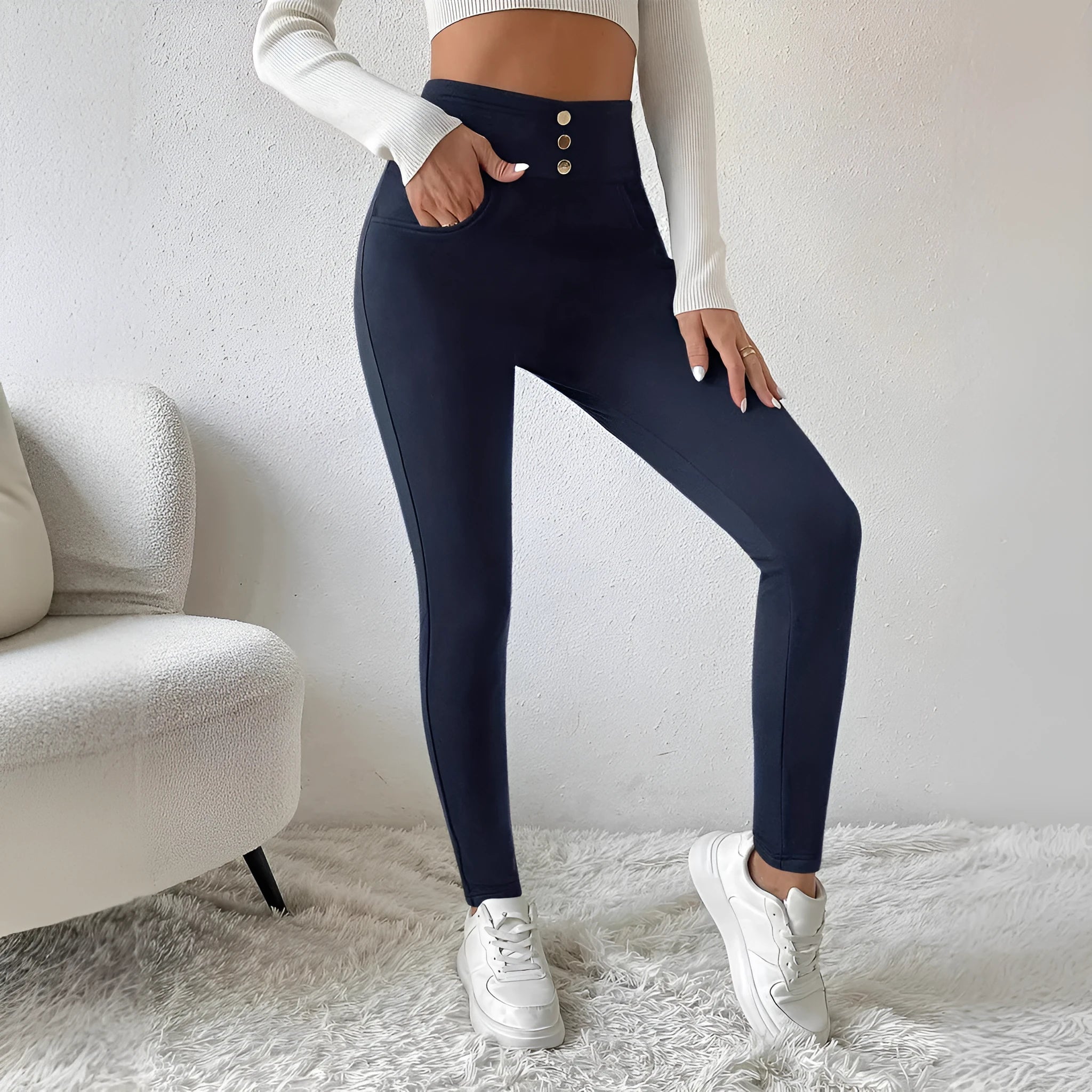 Women's navy blue high waist casual trousers with straight leg cut and Japanese Korean style