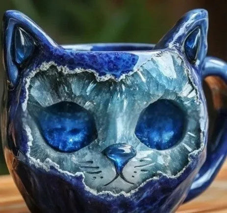 Geode Mug Crystal Cat Cup resin craft with hand-poured epoxy geode patterns in purple blue green pink colours