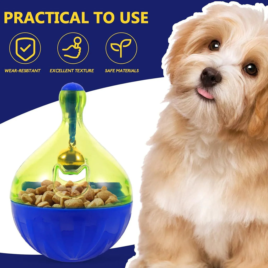 Interactive pet treat dispenser tumbler toy for dogs and cats showing rolling ball design
