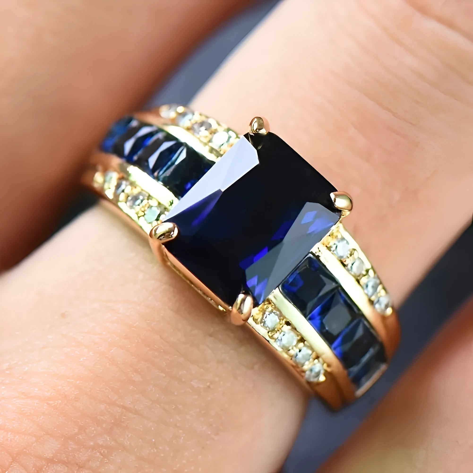 Personalised unisex ring with sunflower blue diamond or square-cut blue and purple zircon designs.