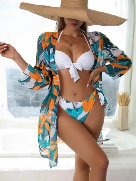 Women's three-piece mesh split bikini swimsuit in polyester fabric