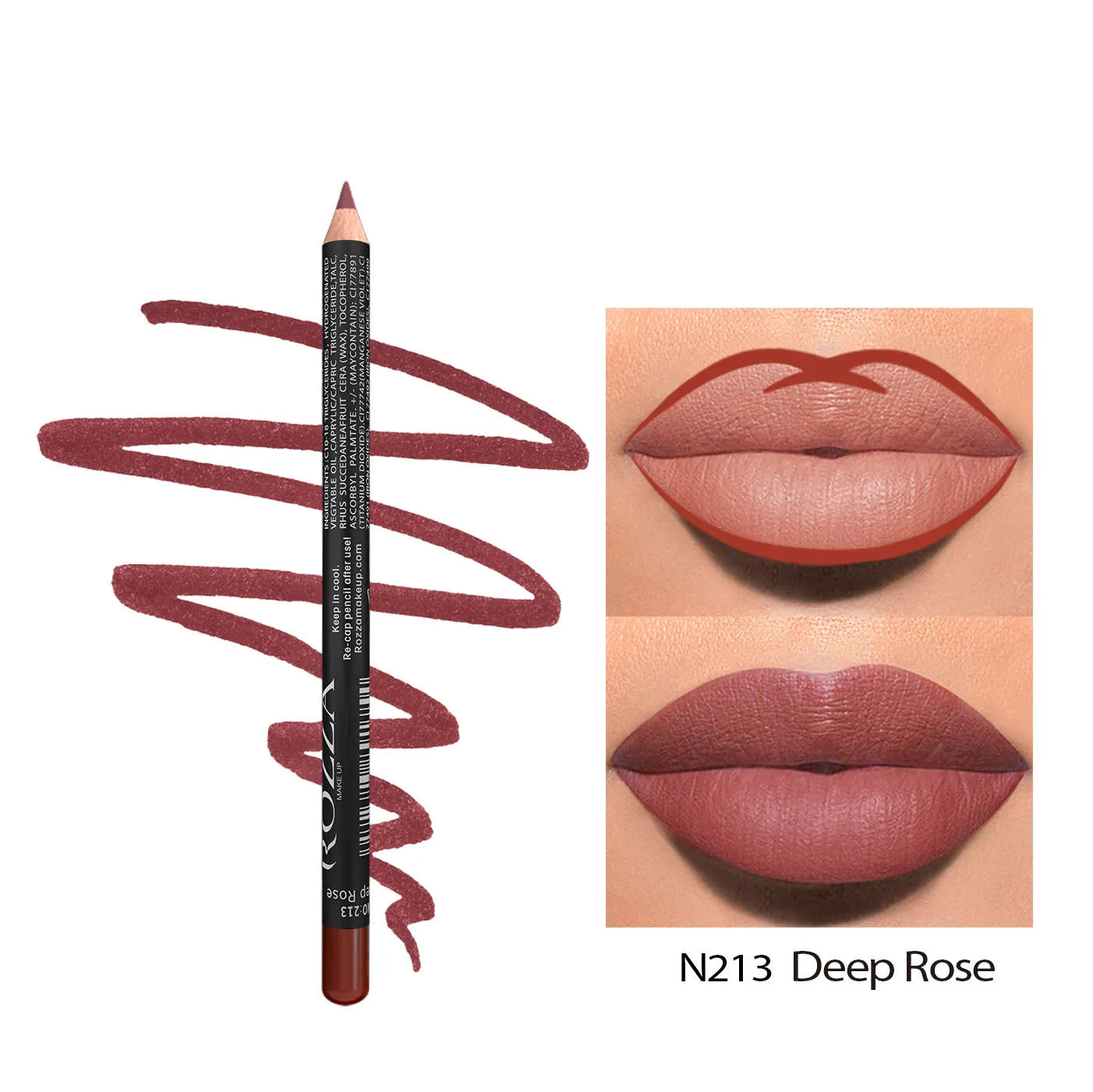 24-hour matte finish lip liner pencil in a range of wood tone shades on a white background.