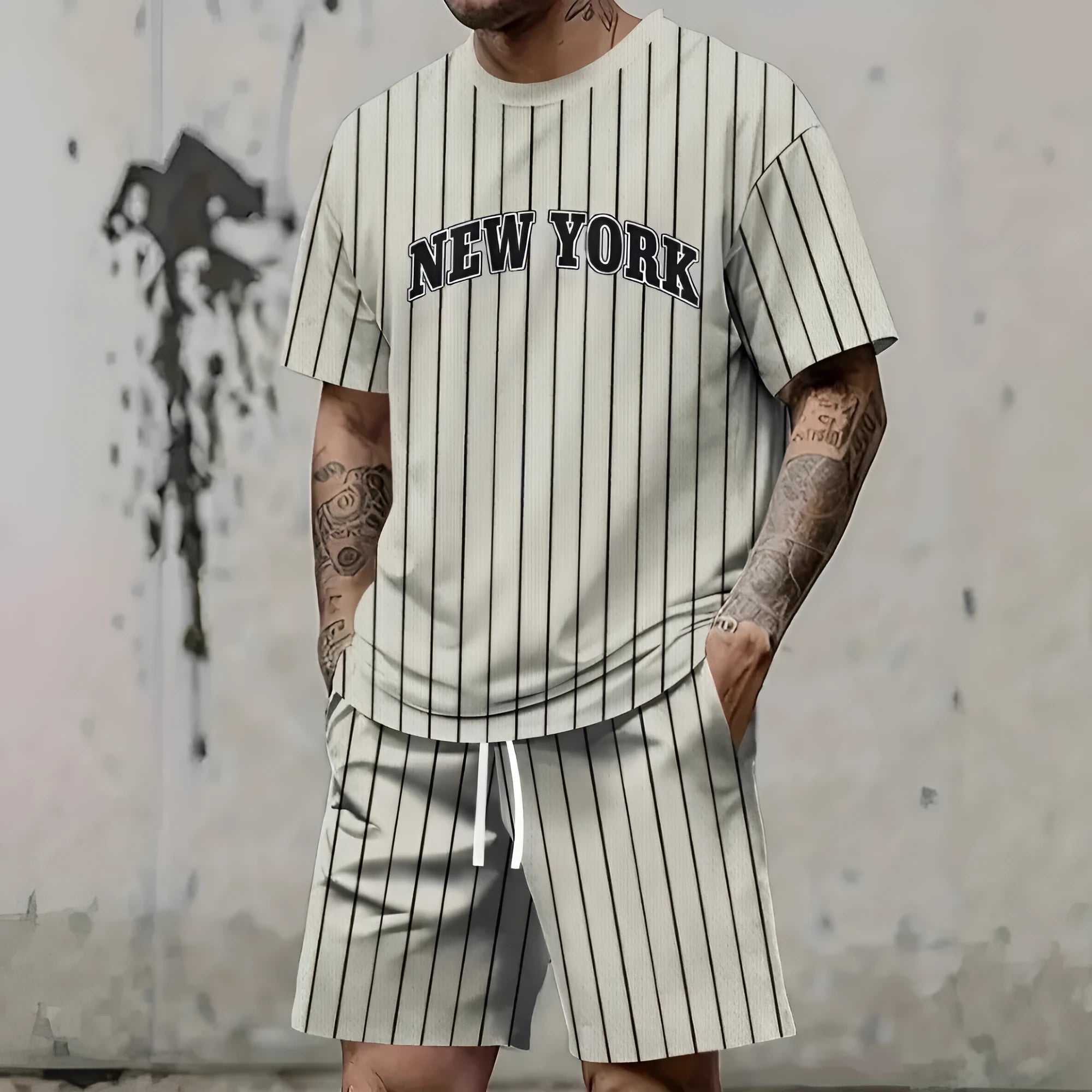 Men's grey 3D printed short sleeve top and shorts sport suit on a hanger.