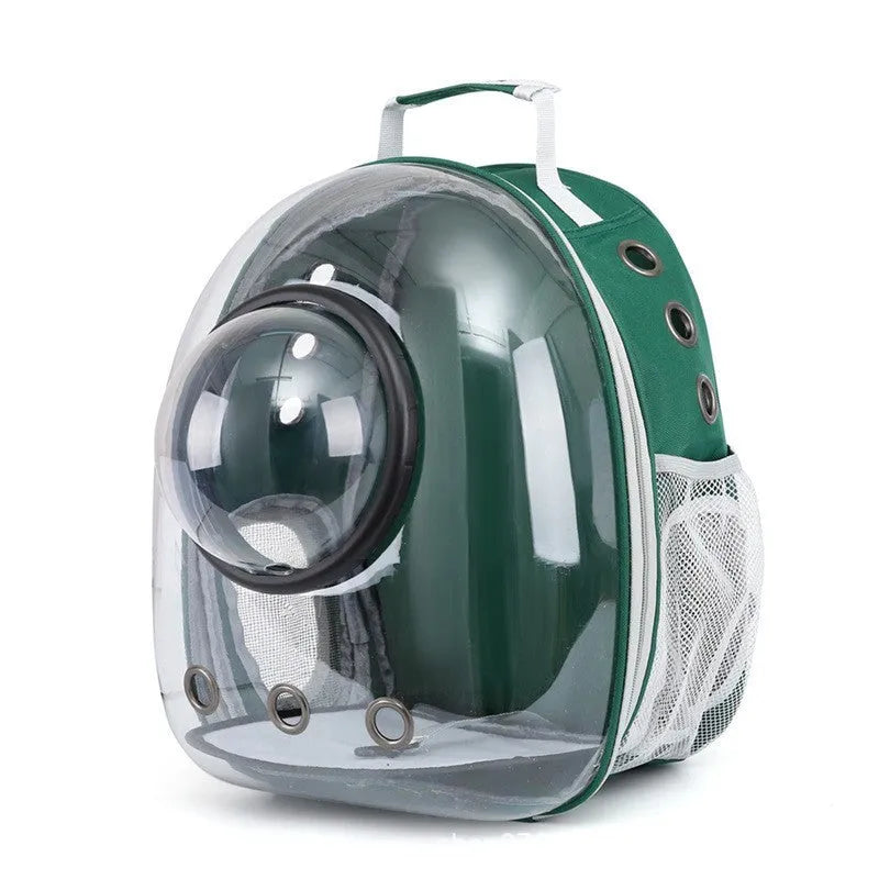 Grey astronaut-style structured cat carrier bag with a side-opening door