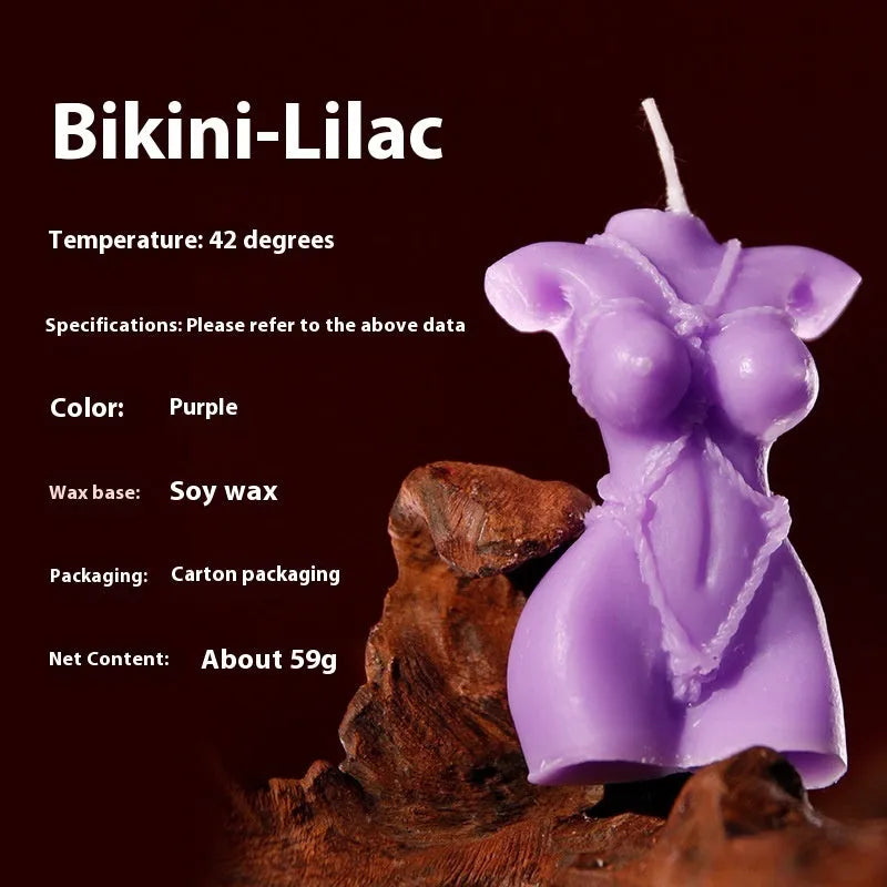 A bikini-shaped low temperature candle made from soy wax, shown in rose red, spring pink, and lilac purple colour options.